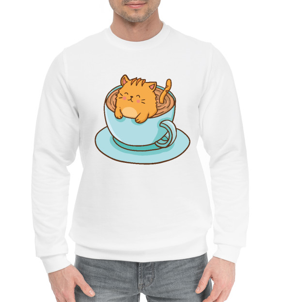 Мужской хлопковый свитшот с изображением Cup of cat цвета Белый