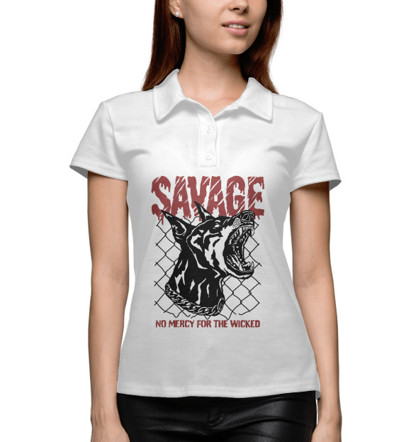 Женское поло с притом SAVAGE цвета Белый Женское поло с изображением SAVAGE цвета Белый