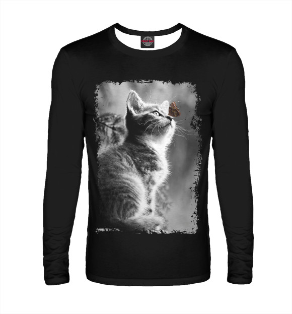 Мужской лонгслив с изображением Котенок и бабочка цвета Белый