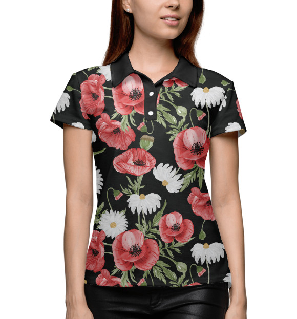 Женское поло с изображением Мако-ромашковое поле цвета Белый