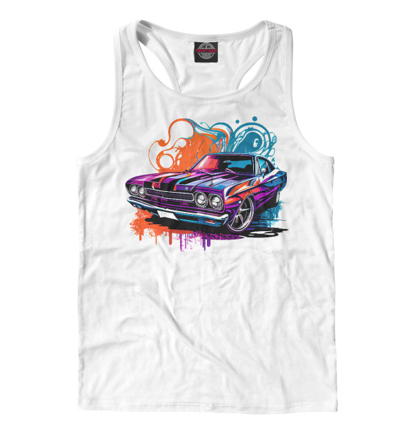 Мужская майка-борцовка с изображением Muscle car в ярких цветах на белом цвета Белый
