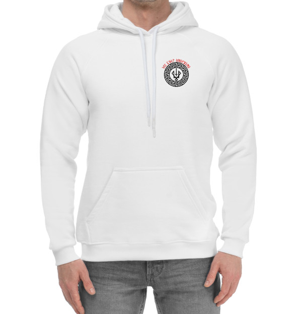 Мужской хлопковый худи с притом Символ Руевит/Повергая зло цвета Белый Мужской хлопковый худи с изображением Символ Руевит/Повергая зло цвета Белый
