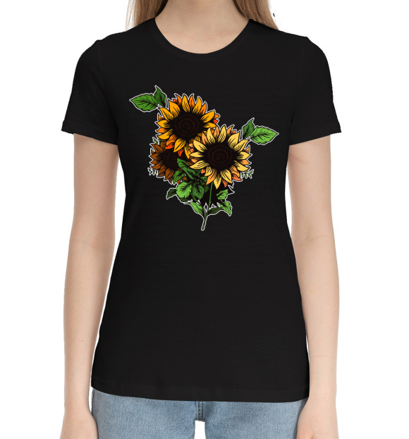 Женская хлопковая футболка с изображением Подсолнухи цвета Черный