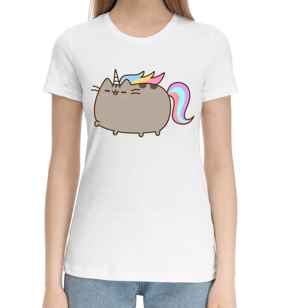 Женская хлопковая футболка с изображением Pusheen Happy Unicorn цвета Белый