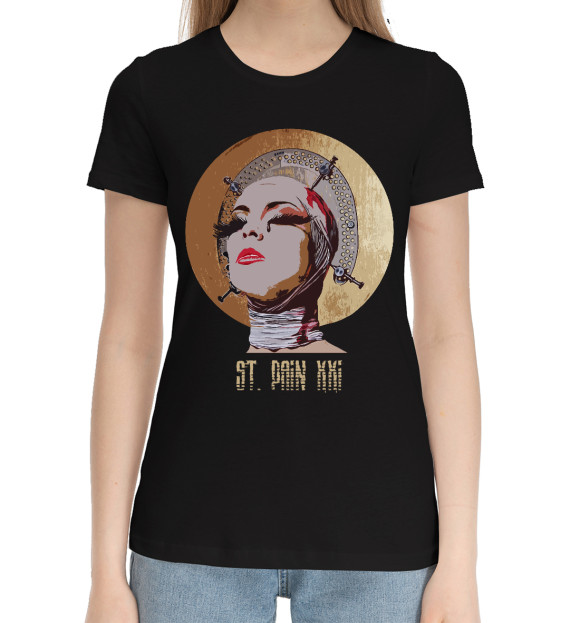 Женская хлопковая футболка с притом St. Pain XXI цвета Черный Женская хлопковая футболка с изображением St. Pain XXI цвета Черный