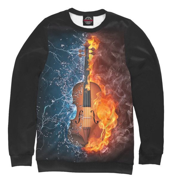 Мужской свитшот с изображением Скрипка в огне и воде цвета Белый