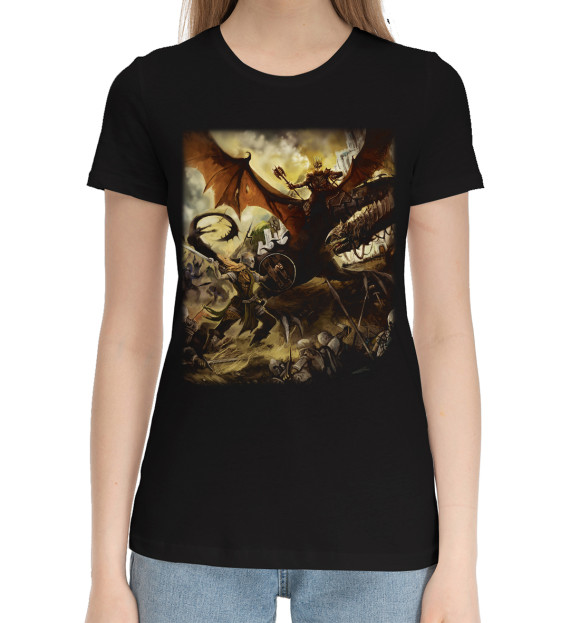 Женская хлопковая футболка с изображением Битва с Назгулами цвета Черный