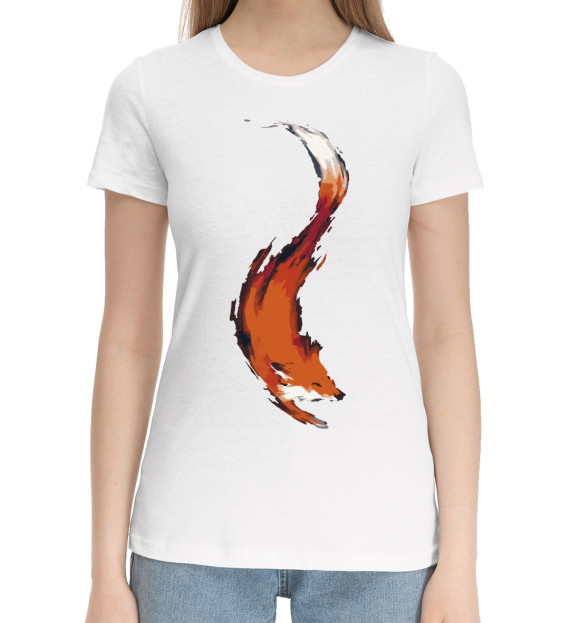 Женская хлопковая футболка с притом Хитрая лисичка цвета Белый Женская хлопковая футболка с изображением Хитрая лисичка цвета Белый