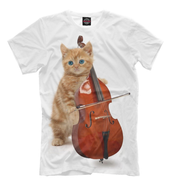 Мужская футболка с изображением Котёнок с контрабасом цвета Молочно-белый