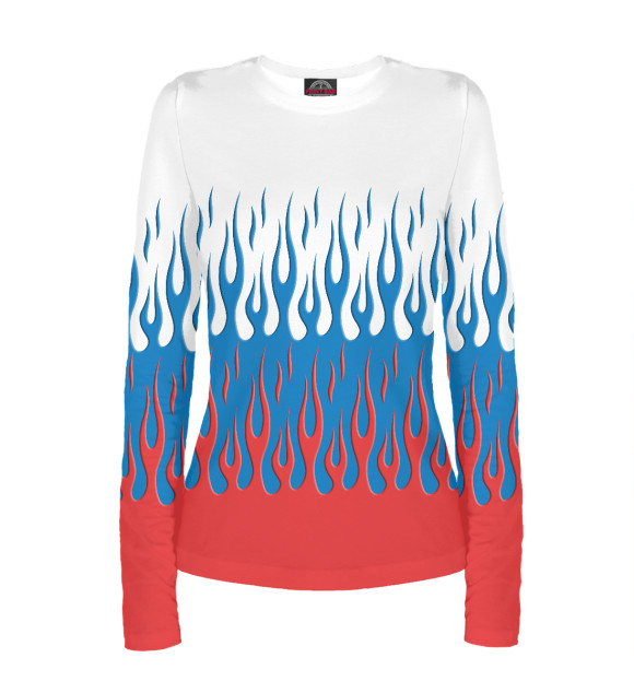 Женский лонгслив с притом Россия (огонь) цвета Белый Женский лонгслив с изображением Россия (огонь) цвета Белый