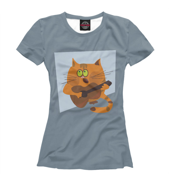 Женская футболка с изображением Кот с гитарой цвета Белый