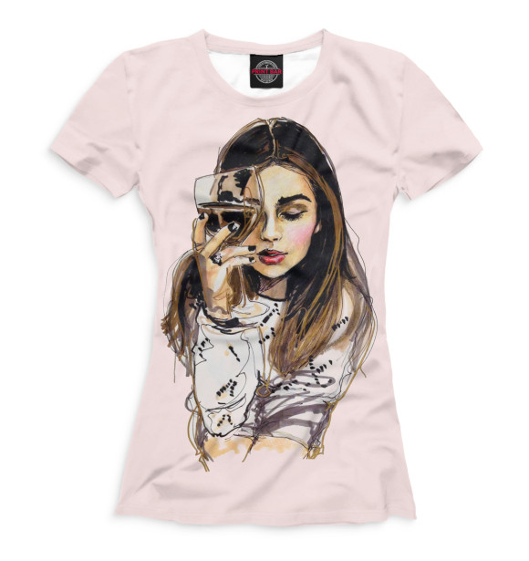 Женская футболка с изображением Девушка с бокалом цвета Белый
