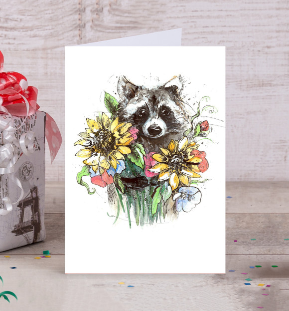 Открытка с притом Енот с цветами цвета Белый Открытка с изображением Енот с цветами цвета Белый