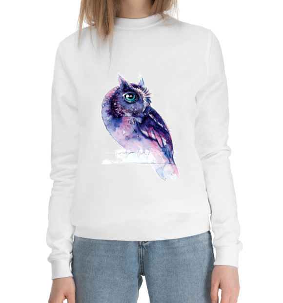 Женский хлопковый свитшот с изображением Сова с зелеными глазами цвета Белый