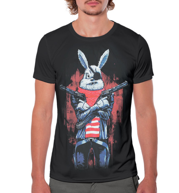 Мужская футболка с изображением Кролик с пистолетом цвета Белый