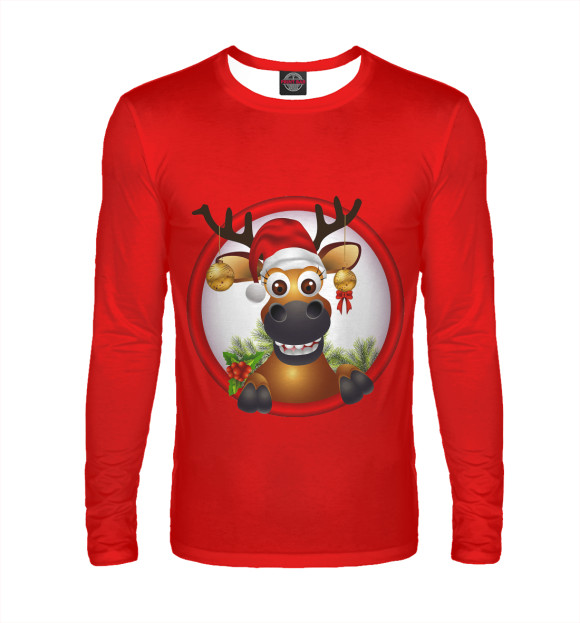 Мужской лонгслив с изображением Веселый олень цвета Белый