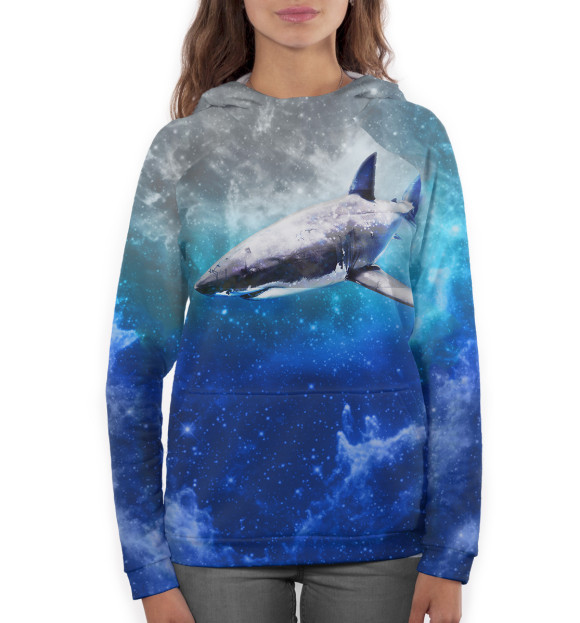 Женское худи с изображением Акула в космосе цвета Белый