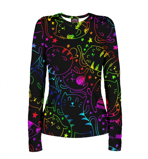 Женский лонгслив с притом Радужные котики цвета Белый Женский лонгслив с изображением Радужные котики цвета Белый