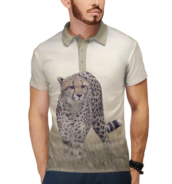 Мужское поло с притом Гепард цвета Белый Мужское поло с изображением Гепард цвета Белый