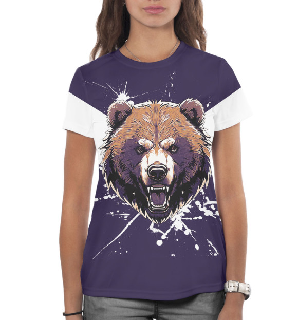 Женская футболка с изображением Агрессивный медведь цвета Белый