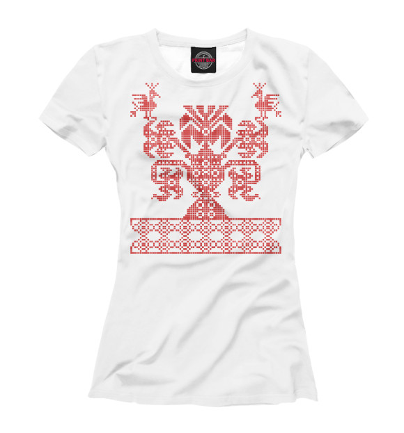 Женская футболка с изображением Славянский узор дерево мира цвета Белый