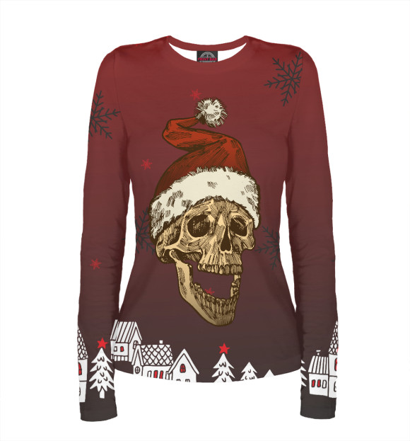 Женский лонгслив с изображением Череп Санты цвета Белый