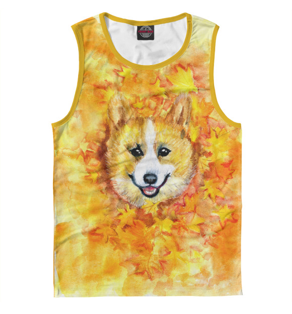Майка для мальчика с изображением Корги в листьях цвета Белый