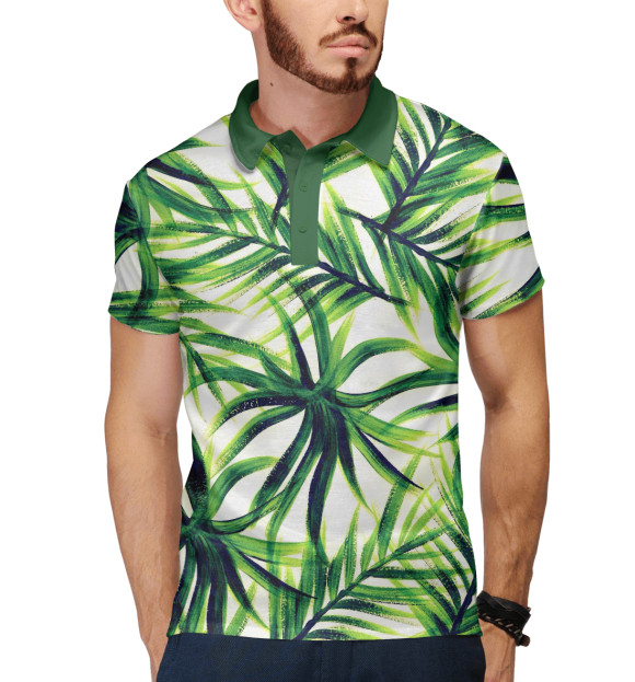 Мужское поло с изображением Пальмовые листья цвета Белый