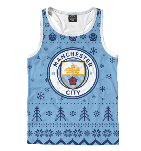 Мужская майка-борцовка с изображением Манчестер Сити Новогодний цвета Белый