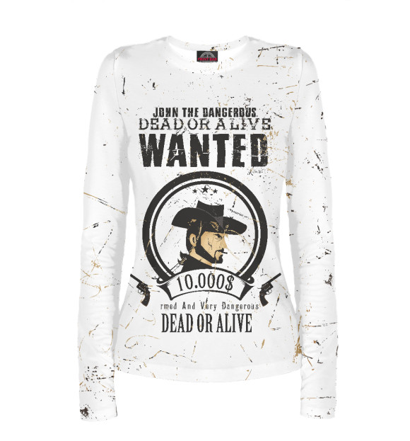 Женский лонгслив с притом Wanted цвета Белый Женский лонгслив с изображением Wanted цвета Белый