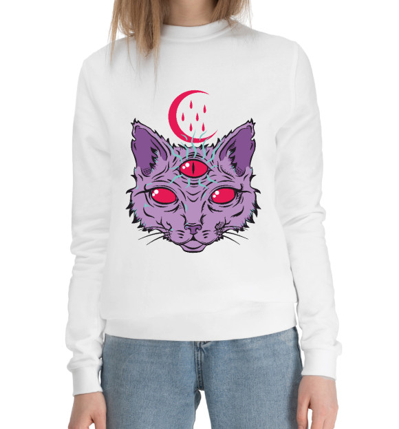 Женский хлопковый свитшот с изображением Devil Cat цвета Белый