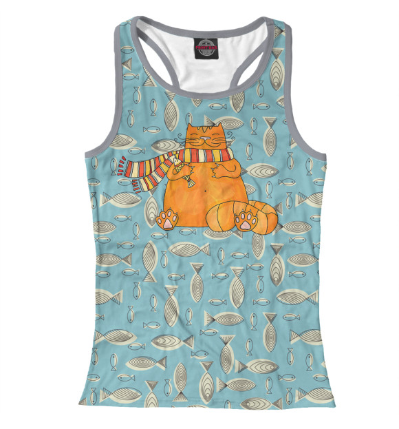 Женская майка-борцовка с изображением Кот с рыбкой цвета Белый