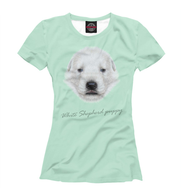 Женская футболка с изображением White shepherd puppy цвета Белый