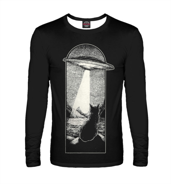 Мужской лонгслив с изображением Летающая тарелка и кошка цвета Белый