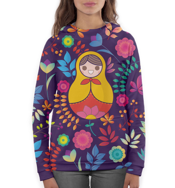Женское худи с изображением Матрешка цвета Белый