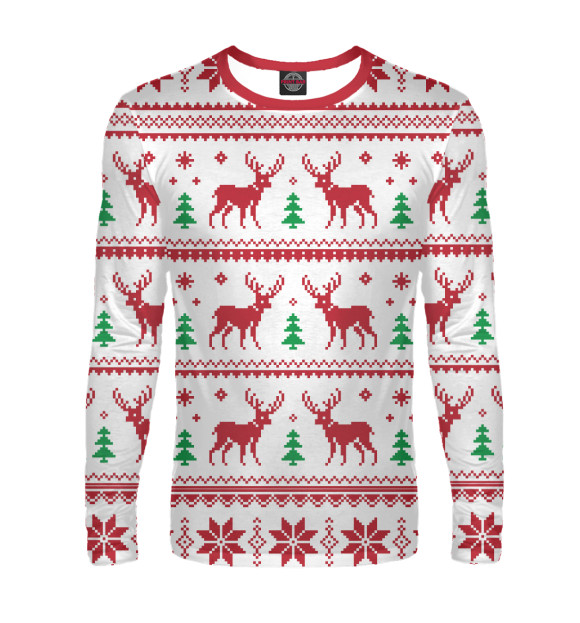 Мужской лонгслив с изображением Новогодние олени цвета Белый