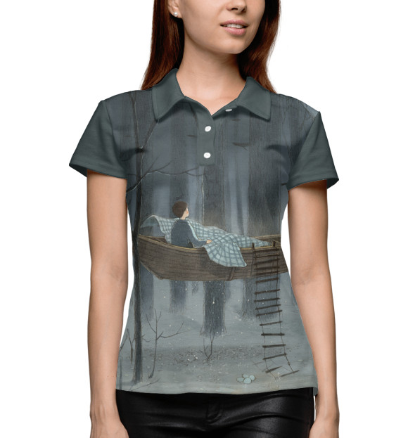 Женское поло с притом Убежище в лесу цвета Белый Женское поло с изображением Убежище в лесу цвета Белый