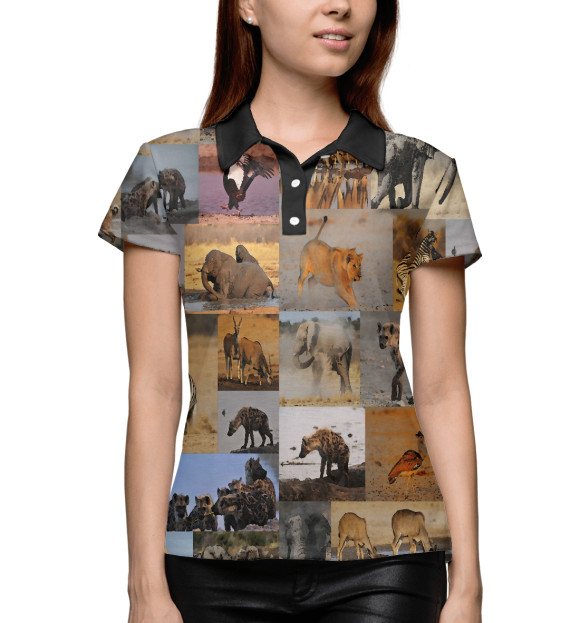 Женское поло с притом Африканские животные цвета Белый Женское поло с изображением Африканские животные цвета Белый