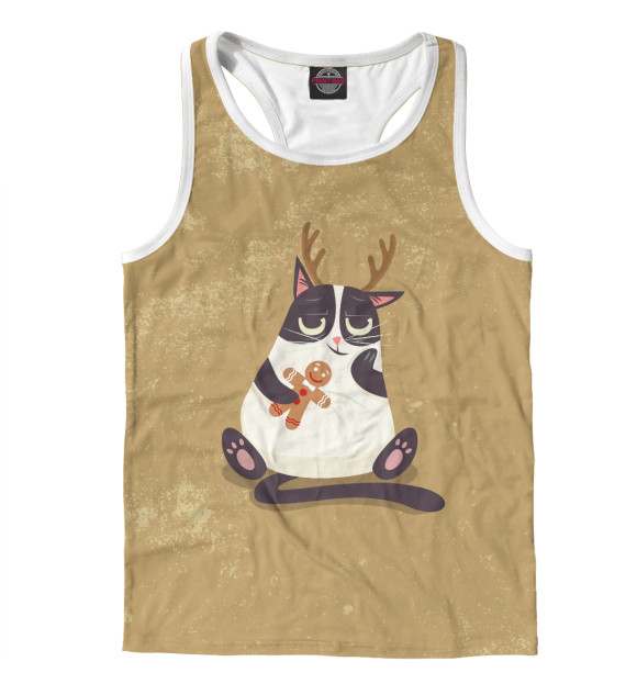 Мужская майка-борцовка с изображением Новогодний кот цвета Белый