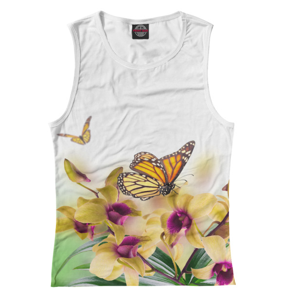 Майка для девочки с притом Бабочки и нарциссы цвета Белый Майка для девочки с изображением Бабочки и нарциссы цвета Белый