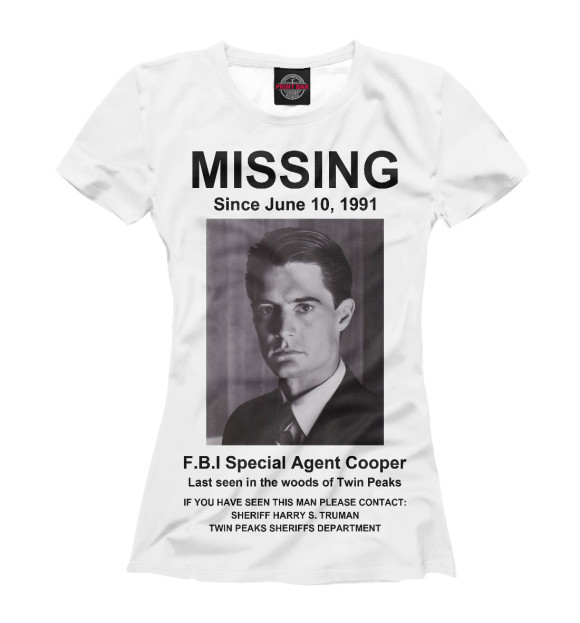 Футболка для девочек с изображением Agent Cooper Missing цвета Белый