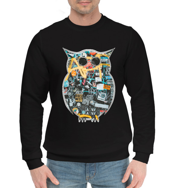 Мужской хлопковый свитшот с притом Граффити сова цвета Черный Мужской хлопковый свитшот с изображением Граффити сова цвета Черный
