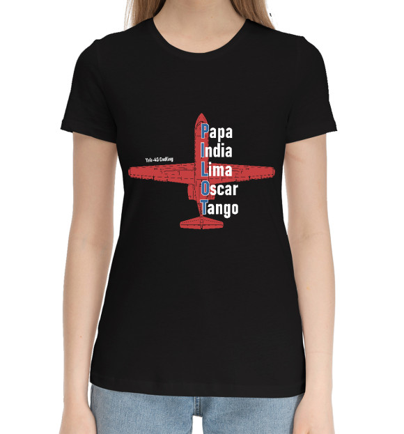Женская хлопковая футболка с изображением Пилот Як-40 цвета Черный