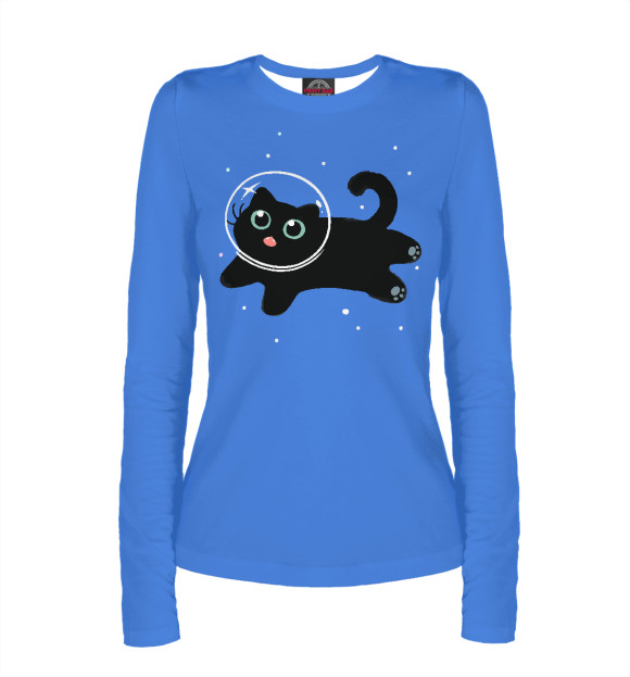 Женский лонгслив с притом Котик в космосе цвета Белый Женский лонгслив с изображением Котик в космосе цвета Белый