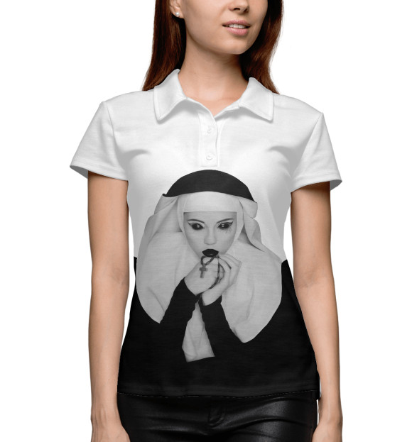 Женское поло с изображением Монашка с дьявольскими глазами цвета Белый
