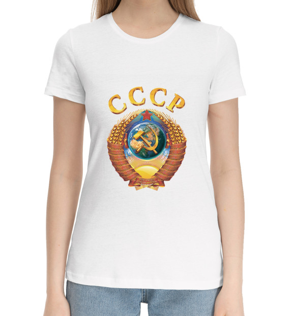 Женская хлопковая футболка с изображением Герб СССР цвета Белый