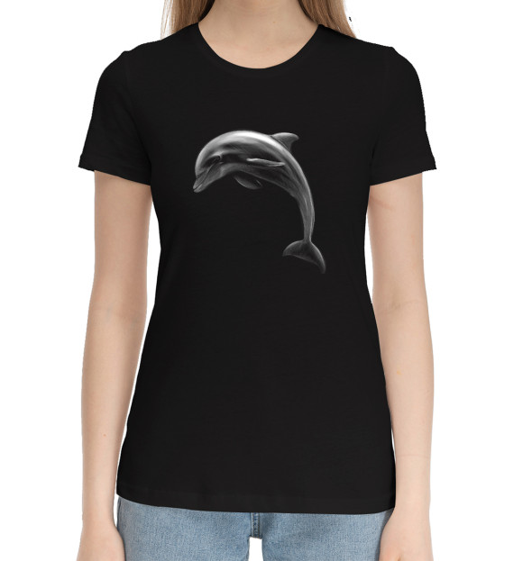 Женская хлопковая футболка с изображением Дельфин цвета Черный