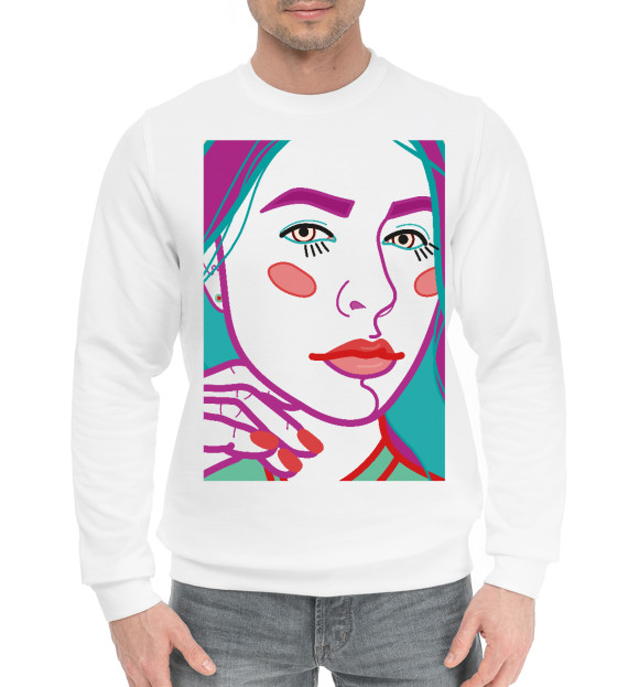 Мужской хлопковый свитшот с изображением Арт портрет с женским лицом крупным план цвета Белый
