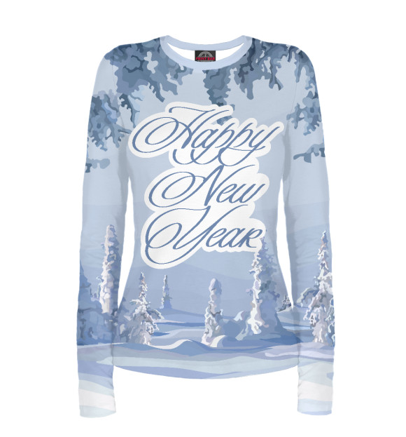 Женский лонгслив с изображением HAPPY NEW YEAR в лесу цвета Белый