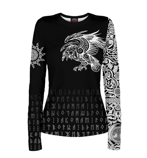 Женский лонгслив с притом Славянский ворон цвета Белый Женский лонгслив с изображением Славянский ворон цвета Белый
